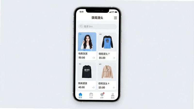 一张现代简约风格的手机应用界面预览图,主体为“微商源头”APP首页,屏幕中央展示着分类清晰的货源列表卡片,背景为柔和的浅灰色,界面包含搜索栏、顶部导航菜单及底部功能图标,整体布局整洁有序,采用扁平化设计,色彩搭配以白色和科技蓝为主,画质高清,无多余装饰元素,文字清晰可见