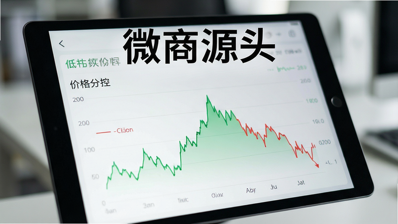 一张数据分析图表的特写,显示在平板电脑屏幕上,图表为折线图,呈现价格波动趋势,屏幕上方显示“微商源头”字样,背景模糊处理突出屏幕内容,色彩以绿色和红色区分涨跌,界面简洁专业,分辨率高,无水印,文字