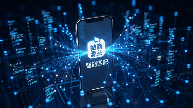展示数据匹配算法概念的3D渲染图,中心是一个发光的手机屏幕,周围环绕着无数代表货源数据的蓝色光点,光点通过线条汇聚到手机屏幕上的“微商源头”Logo处,背景为深蓝色科技感空间,光影效果逼真,细节丰富,画质超清,无杂乱线条,文字