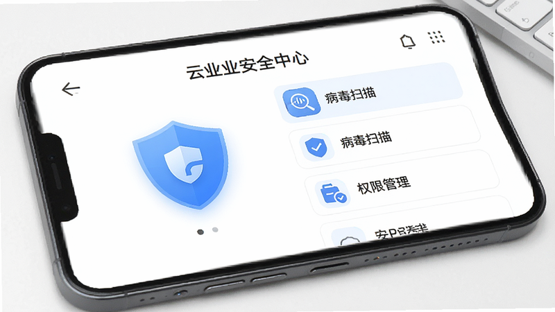 ����Ϊ�Ƹ�ҵAPP�İ�ȫ���Ľ��棬��ʾ������ɨ�衱����Ȩ�޹�������ѡ�������������ɫ����ͼ��ͻ�������רҵ����ɫ������ϸ�����������壬�޶���Ԫ��