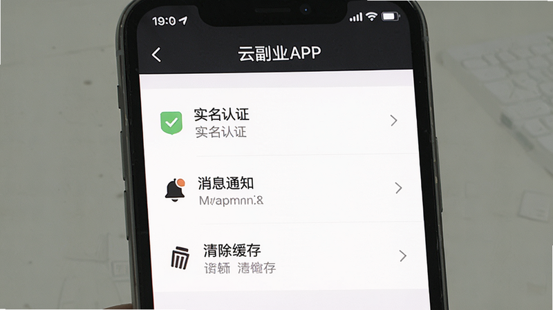 ����Ϊ�Ƹ�ҵAPP�����ý��棬��ʾ��ʵ����֤��������Ϣ֪ͨ������������桱��ѡ������б�ʽ������࣬��ɫ��������ɫ���֣�ϸ�����������壬�޶���Ԫ��
