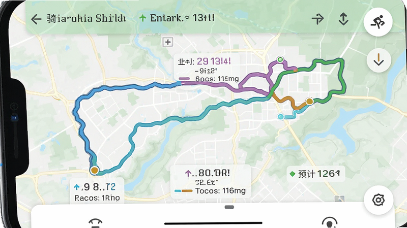 主体为骑行导航路线规划界面,布局呈现多条不同颜色的备选路线,排版对比鲜明,风格清新自然,细节显示路线长度与预计时间,画质清晰,干净,无多余元素