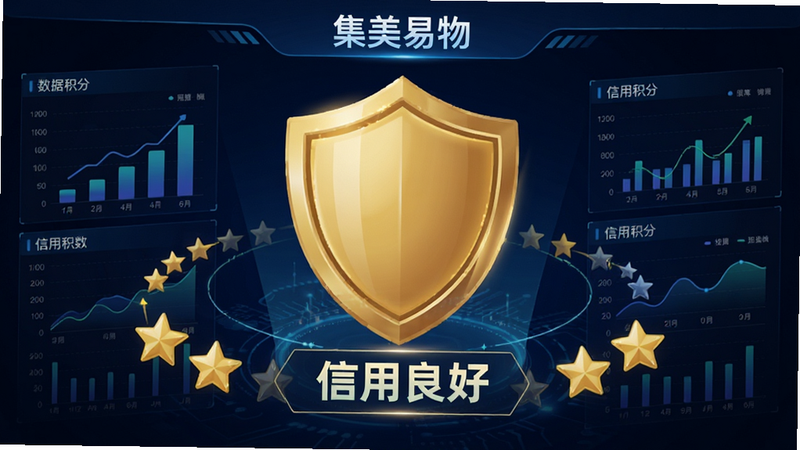 “集美易物”信用积分页面,显示一个巨大的金色盾牌图标,下方是“信用良好”字样,周围环绕着星星评分,背景为深蓝色科技感纹理,数据可视化图表清晰,高清,专业。