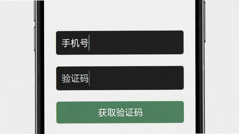 手机注册界面,显示“手机号”和“验证码”输入框,下方有“获取验证码”按钮,背景为浅灰色,界面简洁,高清,无水印。