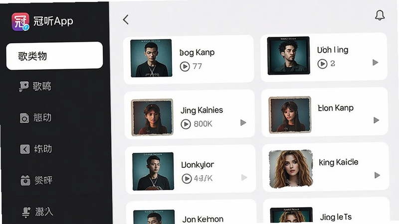 ����App�ĸ赥�б����棬���Ϊ�����ǩ���Ҳ�Ϊ�����б���Ƭ��ÿ�ſ�Ƭ����ר������ͼ�͸������������ҷ������Ű�������򣬷���ƽ����ƣ�ϸ�ڰ������Ŵ���ͼ�꣬���ʸ��壬�ɾ��޶���Ԫ��