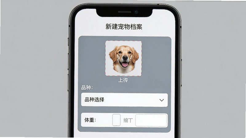 展示宠物档案建立过程的界面截图,主体为手机屏幕,显示“新建宠物档案”表单,包含头像上传区域、品种选择下拉菜单、体重输入框,界面布局整齐,字体清晰,背景纯净,体现专业与细致的信息录入体验