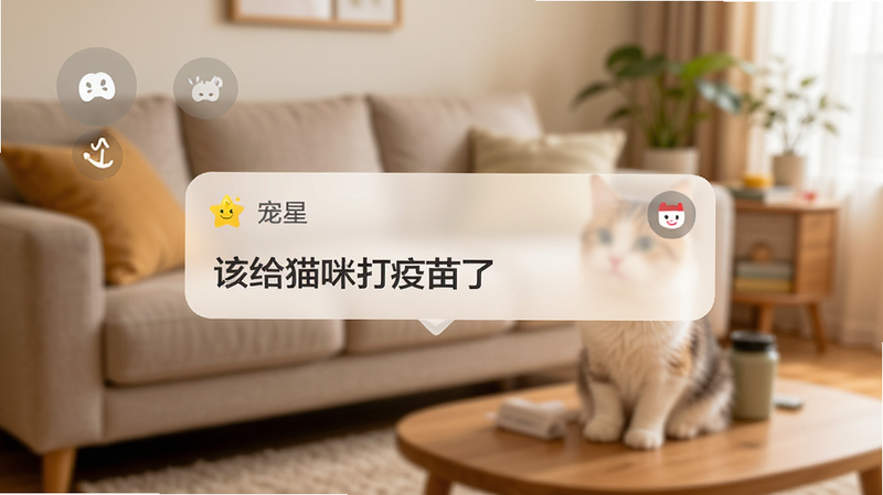 展示提醒功能设置的界面,主体为手机通知栏弹出“宠星”提醒消息,内容为“该给猫咪打疫苗了”,背景为模糊的客厅场景,突出通知的及时性和重要性,画面温馨,色彩柔和,强调用户与宠物的互动关怀