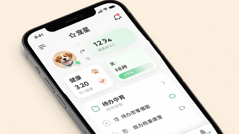 生成一张现代简约风格的宠物APP界面展示图,主体为手机屏幕,显示“宠星”APP首页,界面干净,包含宠物头像、健康数据卡片和待办事项列表,背景为柔和的米白色,光线均匀,高分辨率,无多余水印,文字清晰可见,展示核心功能概览