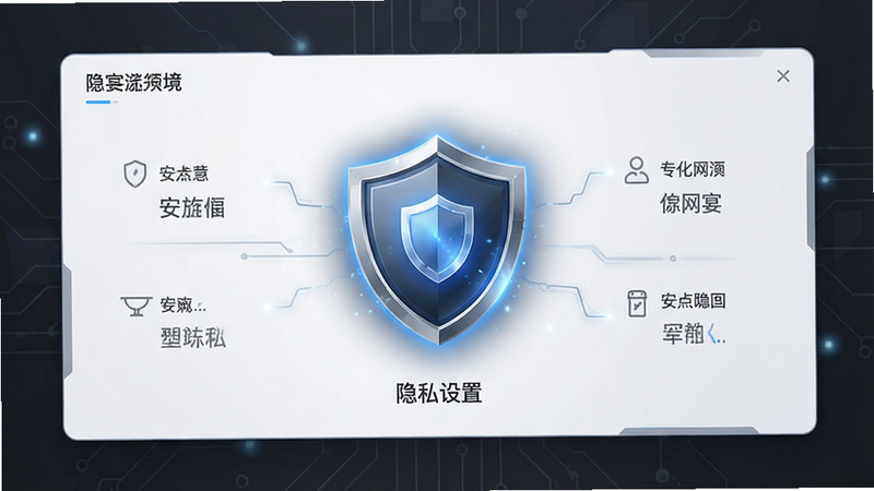 网宴 隐私设置界面示意图,盾牌图标突出显示,背景为深灰色科技风,体现安全感与专业度,线条简洁,高清细节