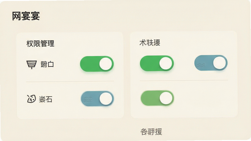 网宴 设置界面 权限管理 示意图,展示开关按钮状态,背景浅色,图标清晰,布局规整,高清质感,无杂乱元素
