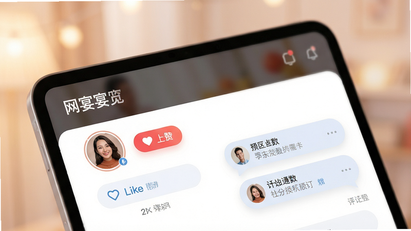 网宴 社区界面预览,展示用户头像、点赞按钮与评论气泡,背景柔和,界面布局清晰,突出社交氛围,细节精致,高清质感