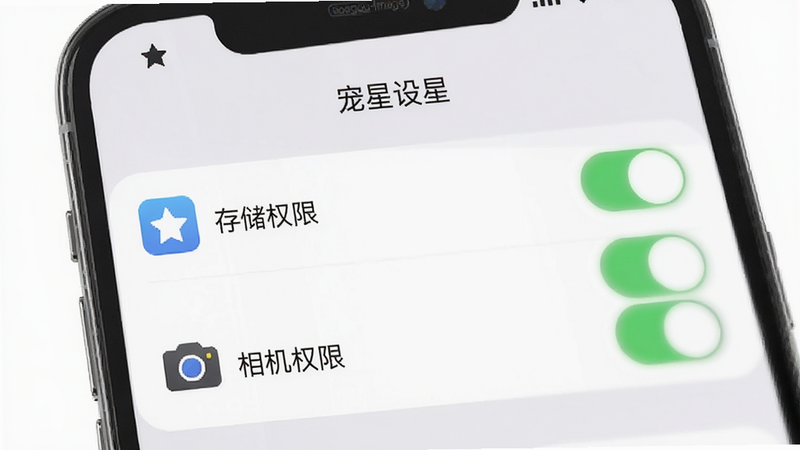 Boogu-Image: 一张手机设置界面示意图,主体为“宠星”APP的权限设置页面,屏幕显示“存储权限”、“相机权限”开关处于开启状态(绿色),背景为浅灰色,界面简洁,图标清晰,无其他干扰元素,高清细节,专业UI设计风格