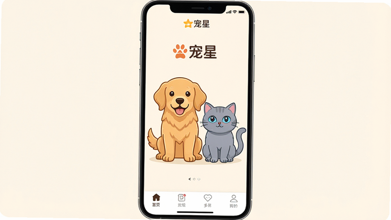 Boogu-Image: 一张高清手机应用界面展示图,主体为“宠星”APP首页,背景为柔和的米白色,界面中央显示一只可爱的卡通金毛犬和一只蓝眼睛英短猫,顶部有“宠星”Logo,底部导航栏清晰可见,整体风格温馨治愈,扁平化设计,无多余元素,4k画质,干净简洁