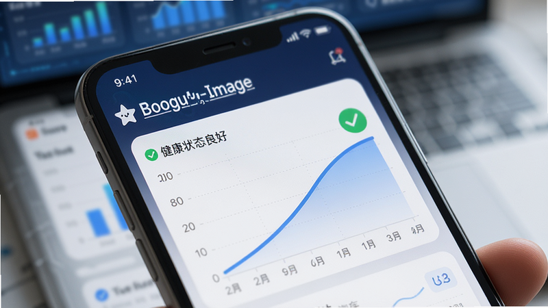 Boogu-Image: 一张展示数据图表的手机屏幕特写,主体为“宠星”APP内的健康档案页面,屏幕中央显示一条平滑上升的蓝色体重曲线图,旁边配有绿色的对勾图标表示健康状态良好,背景虚化处理,突出屏幕内容,科技感与生活感结合,高分辨率,清晰锐利