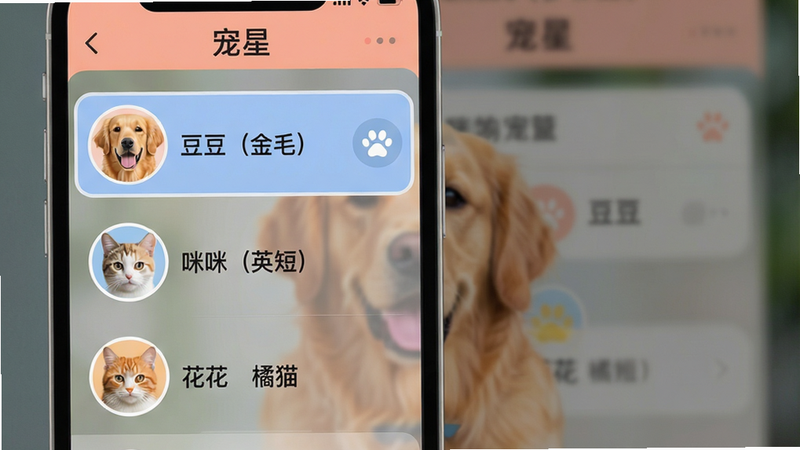 Boogu-Image: 一张手机界面展示图,主体为“宠星”APP的多宠物切换菜单,屏幕左侧列出“豆豆(金毛)”、“咪咪(英短)”、“花花(橘猫)”三个头像及名称,当前选中“豆豆”,背景虚化,突出列表清晰度,扁平化设计,色彩柔和,无多余装饰,高清画质
