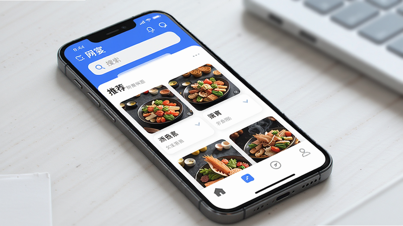 主体为手机屏幕,显示“网宴”App主界面,布局清晰,顶部有搜索栏,中部为推荐内容卡片,底部为导航栏。排版整齐,风格现代简约,色彩以蓝色和白色为主,细节精致,画质高清,干净,无多余元素