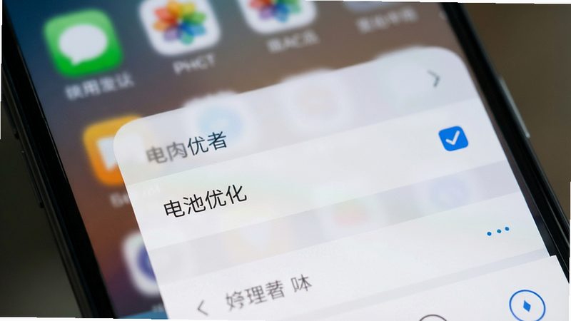 主体为手机设置界面截图,高亮显示“电池优化”选项,背景为模糊的手机桌面,布局聚焦清晰,风格实用教程风,细节包含勾选标记,画质高清,干净,无多余元素