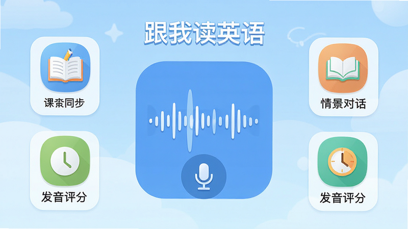 չʾ�����Ҷ�Ӣ�APP�����棬����Ϊ��������������ͼ����˷�ͼ�꣬��Χ�����ſα�ͬ�����龰�Ի�������������������ģ���ͼ�꣬����Ϊ��͵�ǳ��ɫ���䣬����ƽ����࣬���ֱ�ע�����Ҷ�Ӣ������壬�޶���װ��