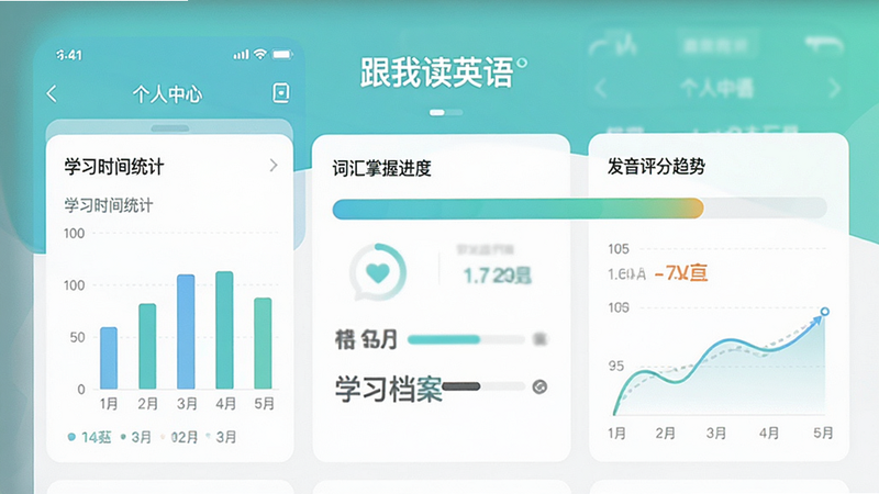 չʾ�����Ҷ�Ӣ�APP�ĸ�������ҳ�棬����ѧϰʱ��ͳ��ͼ�����ʻ����ս������Լ��������������ߣ����ݿ��ӻ����֣�ɫ�ʴ������£�ͻ������������ѧϰЧ�������ֱ�ע��ѧϰ�����������壬���ֹ���