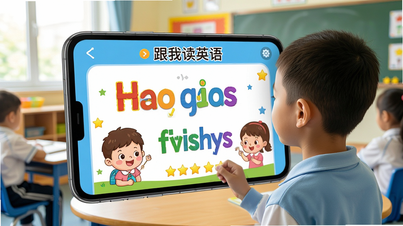 չʾһ�꼶ѧ��ʹ�á����Ҷ�Ӣ�APP�����ĳ�������Ļ��ʾ���ֺŵ�Ӣ�ľ��ӺͿɰ��Ŀ�ͨ��ͼ���Ա����������ǣ�����Ϊ�����Ľ��һ���������Ȥζ���������ԣ����壬ɫ������
