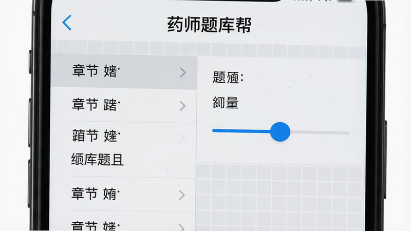 手机屏幕特写,显示“药师题库帮”APP内的组卷设置页面,左侧为章节选择列表,右侧为题目数量滑块,背景为浅灰色网格,文字清晰,风格扁平化,细节丰富,画质高清,干净