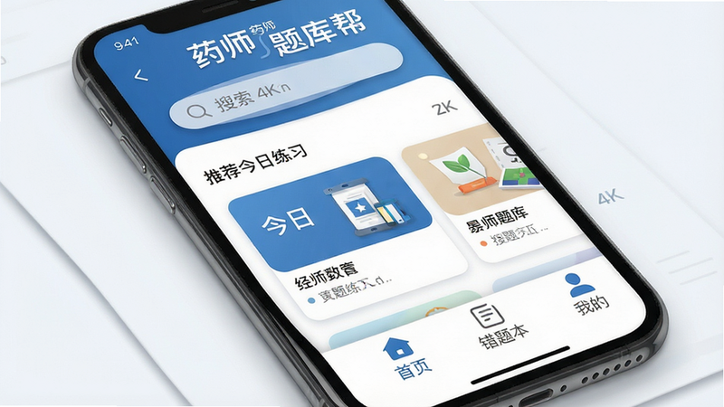 一张高清的手机应用界面展示图,主体为“药师题库帮”APP首页,布局清晰,顶部显示搜索栏,中部推荐今日练习,底部导航栏包含首页、题库、错题本、我的四个图标,风格简约商务蓝,细节处有轻微阴影增加立体感,画质4k,干净无多余元素