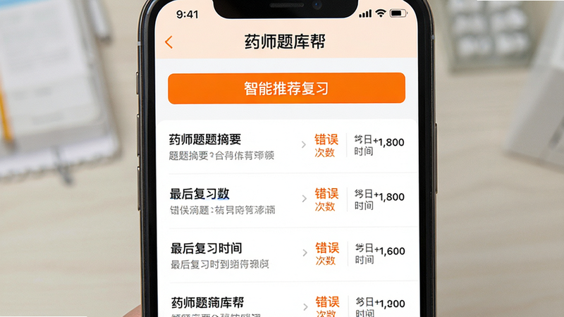 手机屏幕显示“药师题库帮”错题本页面,列表项包含题目摘要、错误次数、最后复习时间,顶部有“智能推荐复习”按钮,配色为白色背景搭配橙色高亮,布局整齐,细节清晰,画质极佳,无杂色
