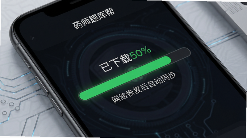 手机屏幕显示“药师题库帮”下载进度条,背景为深色模式,进度条为绿色,上方显示“已下载50%”,下方提示“网络恢复后自动同步”,风格科技感,细节精致,画质高,干净