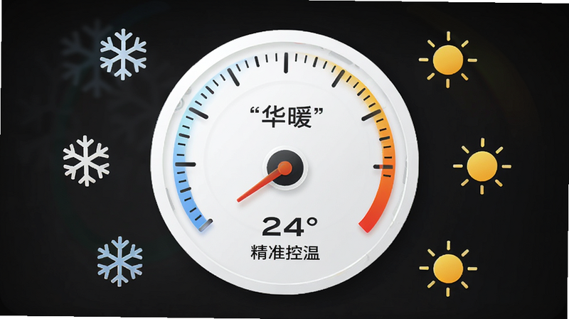 ����Ϊ��ůAPP���¶����ý��棬������һ��Բ�ε��¶ȱ��̣�ָ��ָ��24�ȣ���Χ������ѩ����̫��ͼ�꣬���־��У��Ű���գ���񼫼����壬ϸ�ڰ����̶��߹�ӰЧ�������ʸ��壬�ɾ����޶���Ԫ�أ����ּ�����