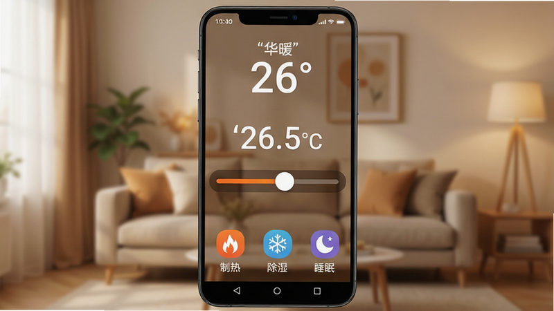 ����Ϊ��ůAPP�İ�׿�ֻ������ͼ������������������ʾ��ǰ����26�ȣ��в��д���¶ȵ��ڻ��飬�ײ��С����ȡ�������ʪ������˯�ߡ���������ͼ�꣬����Ϊ��ܰ��ůɫ�������黯ͼ������Լ�ִ���ϸ�ھ��£����ʸ��壬�ɾ����޶���Ԫ�أ����ּ�����