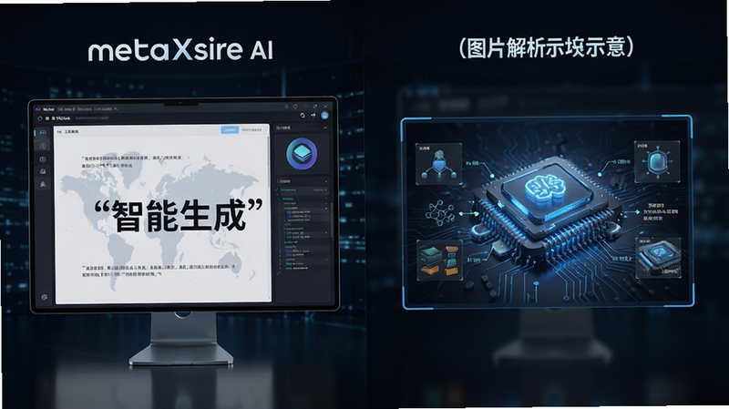 ����ΪmetaXsire AI����չʾͼ���������ҷ��������չʾ�ı����ɽ��棬�Ҳ�չʾͼƬ����ʾ�⣬���Ƽ��У�ϸ�ھ��£����ʳ��壬�ɾ����޶���Ԫ�أ����ּ����š��������ɡ�