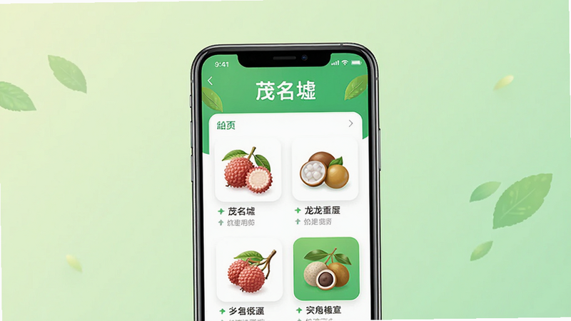 ����Ϊï����APP�ֻ�����չʾͼ������Ϊ�����ֻ�ģ�;��У�����Ϊ����ɫ���䣬���������Ȼ��ϸ�ڰ�����Ļ����ʾ����֦�����۵�ũ��Ʒͼ�꣬���ʸ��壬�ɾ��޶���Ԫ�أ�������ʾ