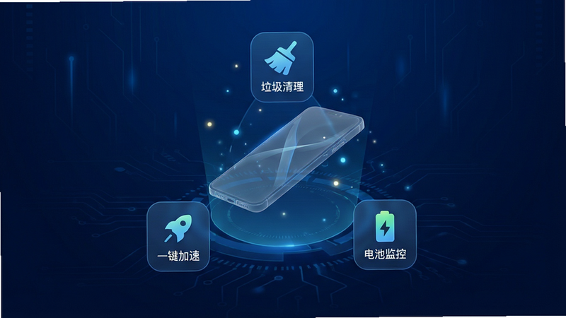 手机管理助手安卓应用界面全景展示,主体为深蓝色科技风背景,中央悬浮着半透明的手机模型,周围环绕着“垃圾清理”、“一键加速”、“电池监控”三个功能模块图标,布局呈三角形稳定结构,排版清晰有序,风格现代简约,细节处有微光粒子特效,画质高清,干净无多余元素