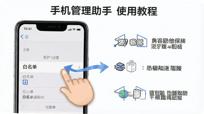 手机管理助手使用教程界面,主体为手机屏幕展示“设置”页面,手指图标点击“白名单”选项,布局清晰,排版步骤化,风格教程图解,细节有箭头指示,画质清晰,干净,无多余元素