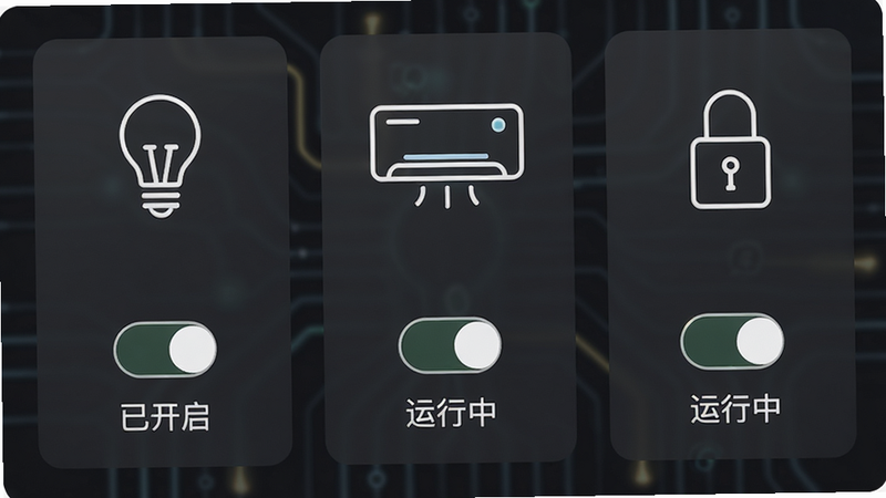���ܼҾӿ��ƽ��棬��ʾ����豸��Ƭ���������ܵ��ݡ��յ�������ͼ�꣬ÿ����Ƭ�·��п��ذ�ť��״̬����