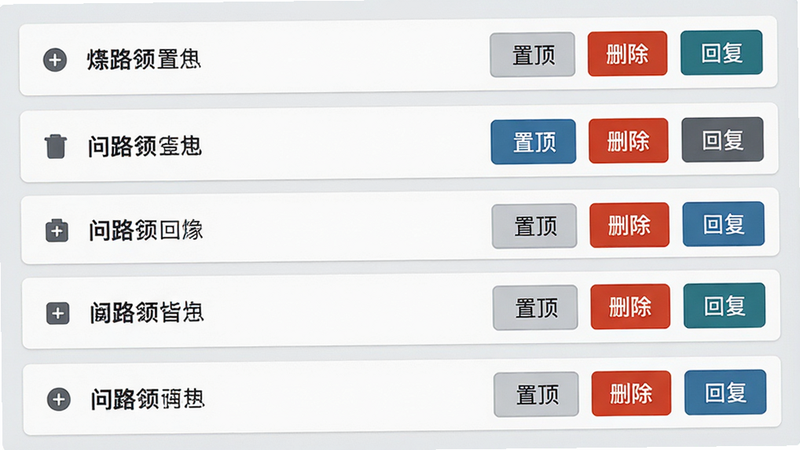一张操作界面示意图,展示一个列表视图,每行是一个问题卡片,右侧有“置顶”、“删除”、“回复”三个操作按钮,界面设计极简,图标清晰,背景为浅灰色,体现功能性与易用性,布局规整,风格现代,细节清晰,画质高