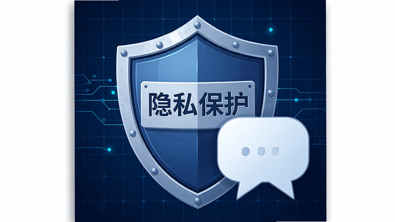 一张插画风格图,展示一把巨大的盾牌保护着一个对话气泡,盾牌上刻有“隐私保护”字样,背景为深蓝色科技网格,体现安全与科技感,主体突出,布局对称,风格严谨,细节丰富,画质高清,干净简洁