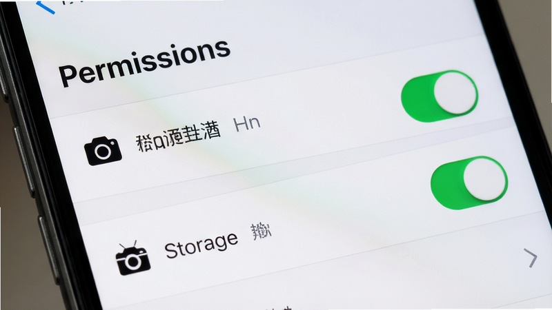 主体为手机设置权限界面,布局为列表形式,排版清晰,风格系统原生,细节显示相机与存储权限开关,画质清晰,干净,无多余元素,文字