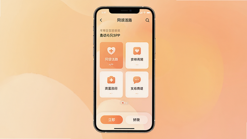 手机屏幕中央显示“同颂活路”APP界面,背景为柔和的暖色调渐变,顶部有清晰的导航栏,中部展示核心功能卡片,底部有简洁的操作按钮,整体风格现代简约,高清,无多余元素