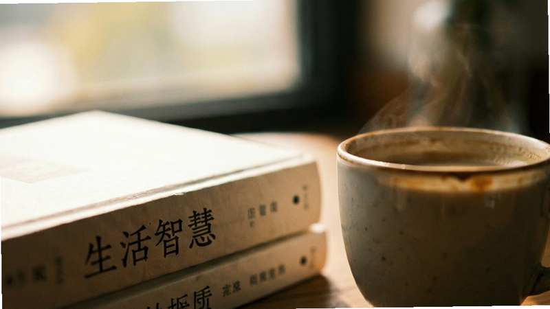 书籍与咖啡杯的特写,背景虚化,书脊上隐约可见“生活智慧”字样,氛围温馨宁静,高清摄影风格,无多余杂物