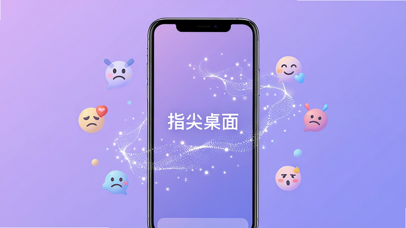 主体为一部竖屏智能手机,屏幕中央显示“指尖桌面”应用界面,背景为柔和的渐变紫罗兰色,屏幕上有流动的发光粒子效果,周围环绕着抽象的情绪符号,布局居中,排版简洁,风格为现代科技感与治愈系结合,细节清晰,画质高清,干净,无多余元素