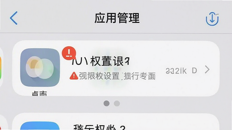 手机设置界面截图,显示“应用管理”页面,指尖桌面被高亮显示,旁边有红色警告图标,背景为浅灰色,强调权限设置的重要性,风格清晰直观,细节准确,画质高清,干净,无多余元素