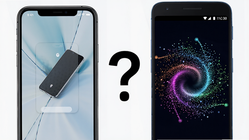 iPhone与Android手机并排展示,左侧iPhone屏幕显示静态壁纸,右侧Android手机屏幕显示动态粒子效果,中间有一个问号,体现“指尖桌面”在不同平台的功能差异,风格对比鲜明,细节清晰,画质高清,干净,无多余元素