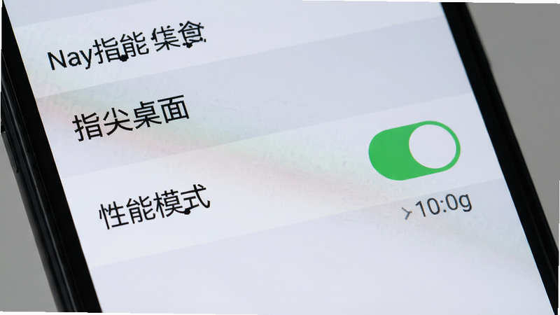 主体为手机屏幕局部特写,展示“指尖桌面”设置界面中的“性能模式”开关,布局为垂直列表,排版清晰,风格为简洁UI设计,细节显示开关处于开启状态,背景为浅灰色,文字标注“性能优化”清晰可见,画质细腻,无其他干扰元素