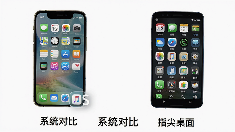 主体为iOS与Android系统对比示意图,左侧展示iOS简洁桌面,右侧展示“指尖桌面”在安卓上的丰富布局,布局为左右对照,排版对称,风格为科技感插画,细节显示两个系统图标并排,文字标注“系统对比”位于底部,画质高清,背景为纯白,无多余装饰