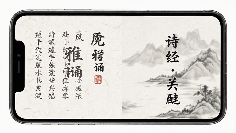 主体为风雅诵App的手机界面展示,布局简洁,左侧为竖排古诗文本,右侧为淡雅水墨背景,排版清晰,风格为新中式极简主义,细节处有宣纸纹理,画质8k高清,干净无多余元素,文字内容包含“风雅诵”和“诗经关雎”