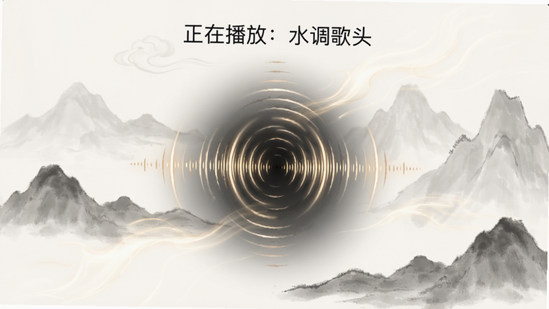 主体为风雅诵App的音频播放界面特写,布局中心为圆形声波动画,周围环绕着淡墨色的山峦剪影,排版居中,风格为东方美学,细节处有细微的光影流动效果,画质高清,干净,无多余UI元素,文字包含“正在播放:水调歌头”