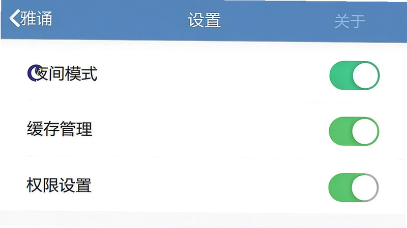 主体为风雅诵App的设置界面示意图,布局为列表式,显示“夜间模式”、“缓存管理”、“权限设置”等选项,排版清晰,风格为简洁UI设计,细节处有开关按钮的状态显示,画质高清,干净,无多余弹窗,文字包含“设置”、“关于风雅诵”