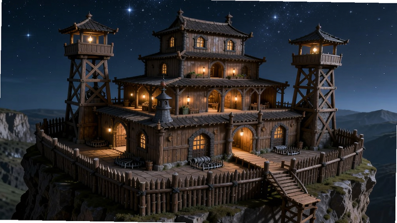 一座建在悬崖边的多层木质堡垒,周围有望塔与陷阱,内部灯火通明,外部有防御栅栏,背景是星空,画面展现宏伟与安全感,主体为建筑全貌,布局立体,风格奇幻写实,细节精致,无多余装饰,8k分辨率