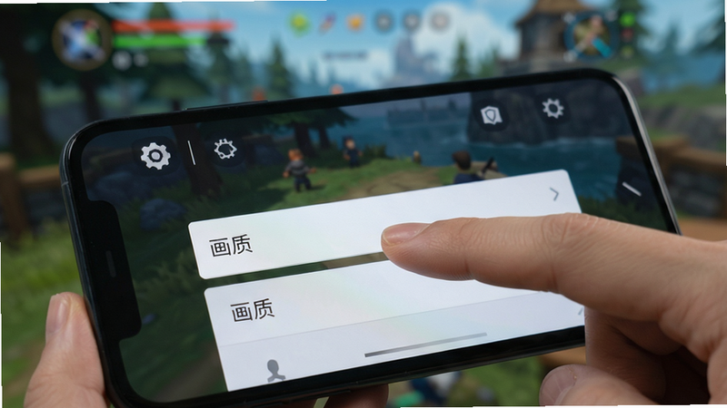 手机屏幕显示游戏设置界面,手指正在点击“画质”选项,背景模糊显示游戏场景,画面清晰,主体为操作手势与UI界面,布局简洁,风格扁平化设计,细节明确,无多余图标,高清截图
